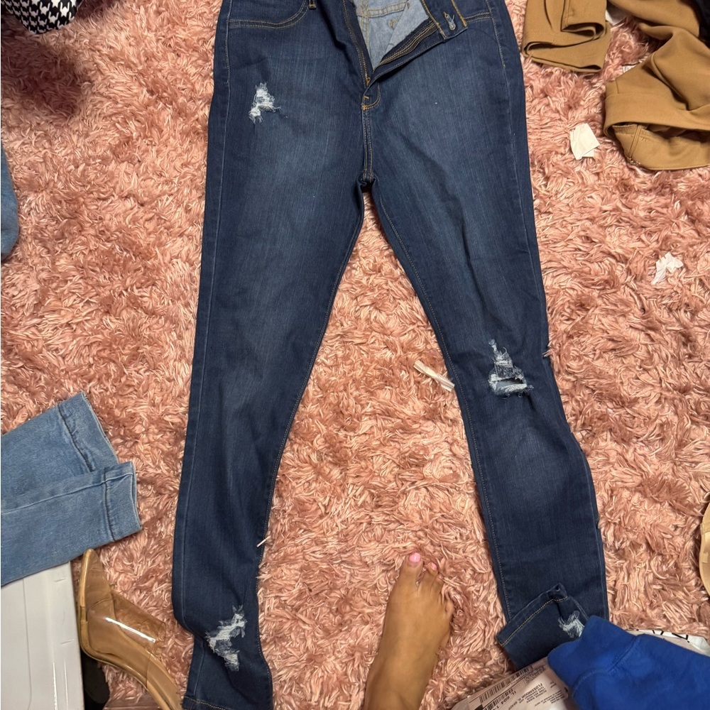 Dark Blue Skinny Jeans with Distressing and Frayed Hem